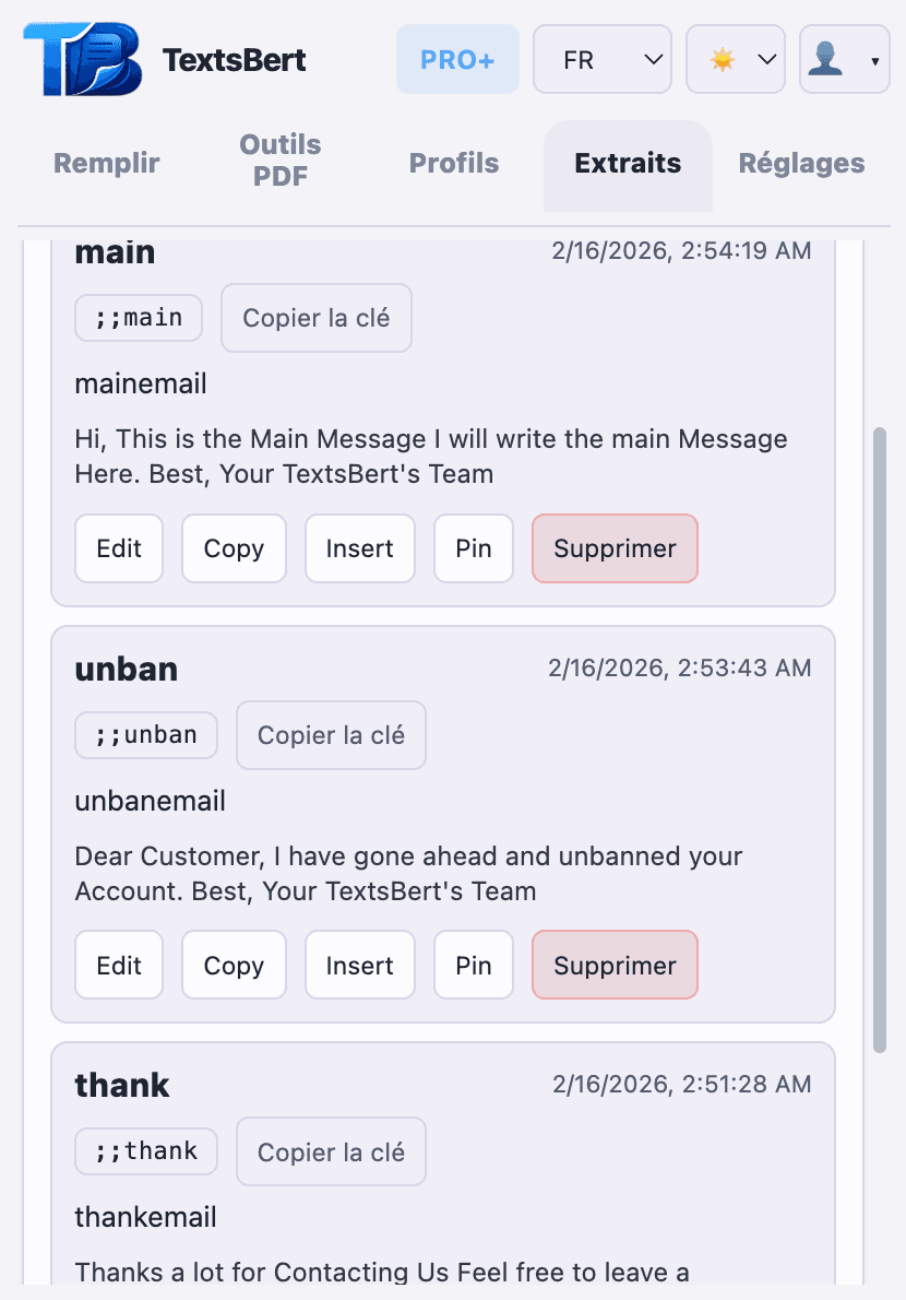 Les snippets gardent les formulations utiles dans le même flux