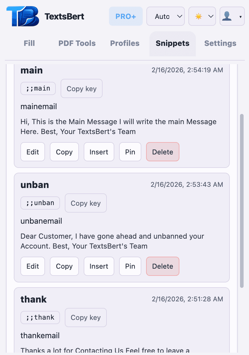 Snippets keep approved wording near the same workflow