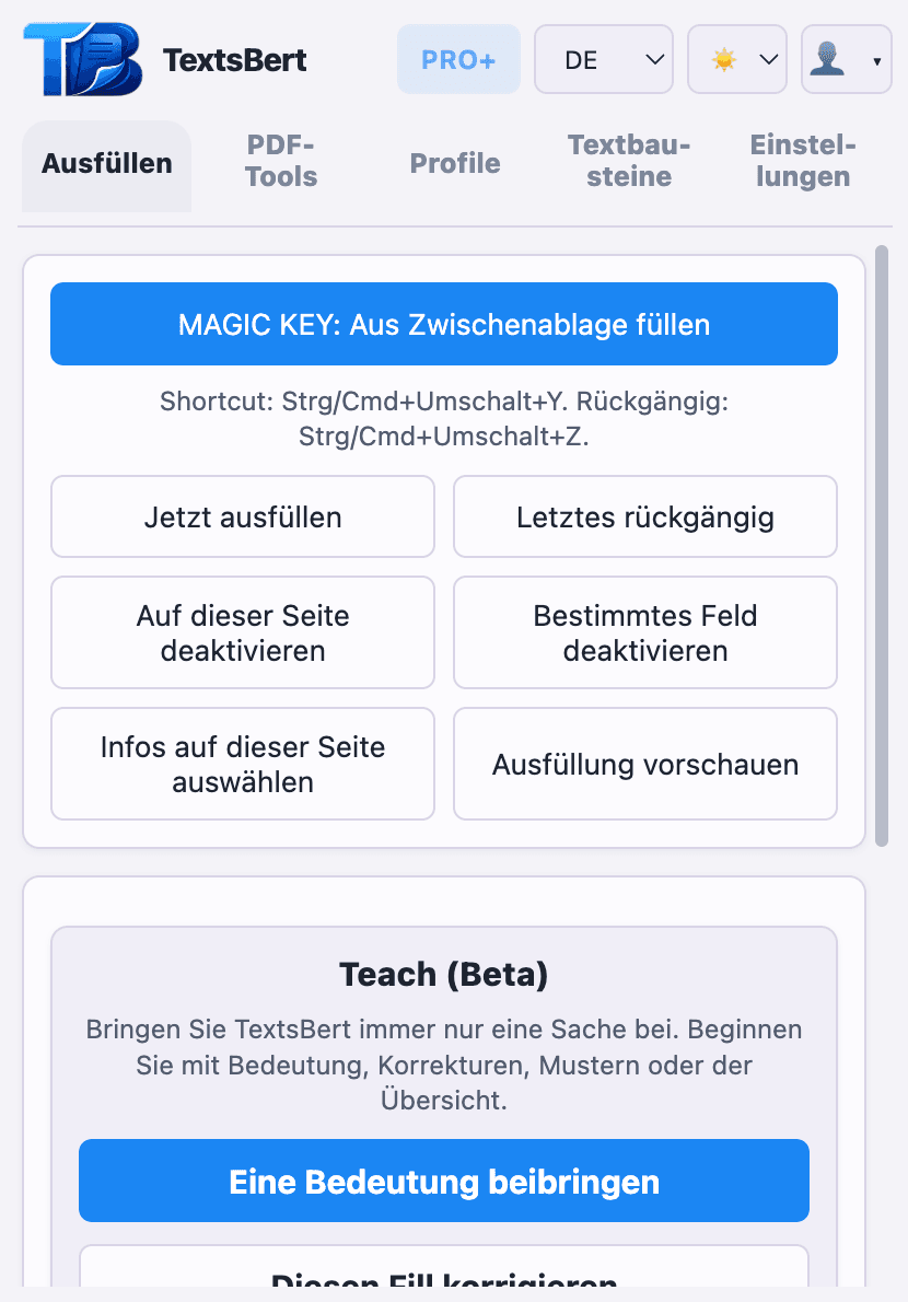 TextsBert Fill-Workflow in der Browser-Erweiterung