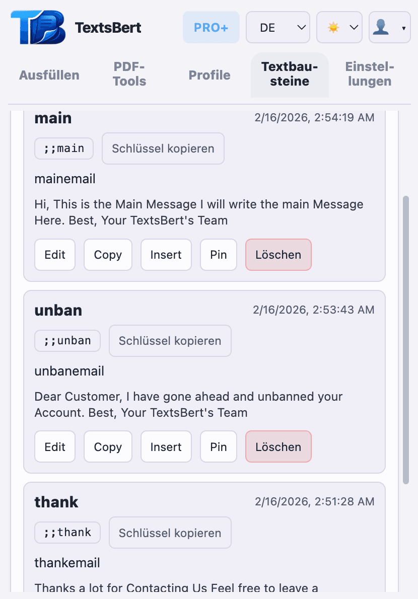 Snippets halten freigegebene Formulierungen im selben Ablauf